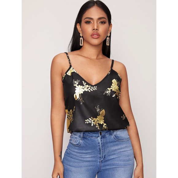 Rouge! Tops - Gold on Black Floral Print Cami Top